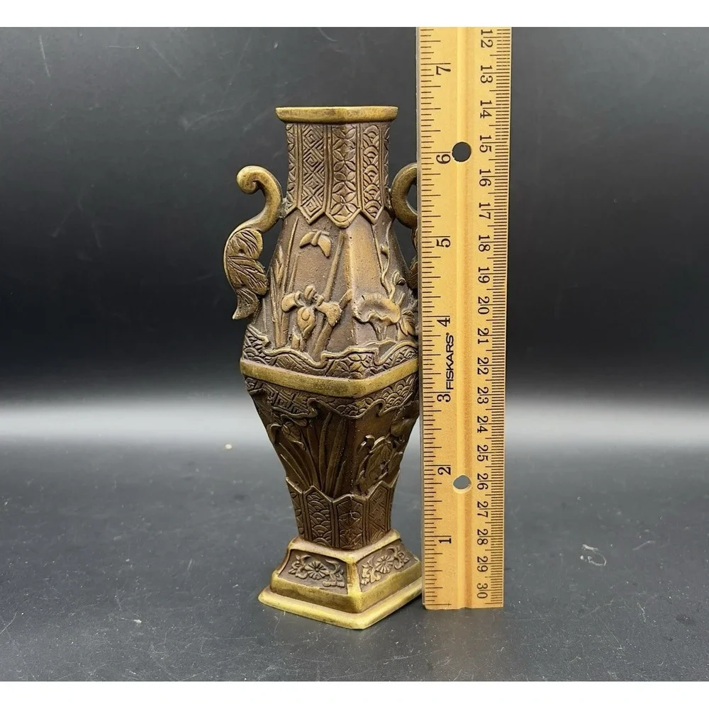 Vintage Chinese Brass Carving Vase Flowers Iris Morning Glory 6